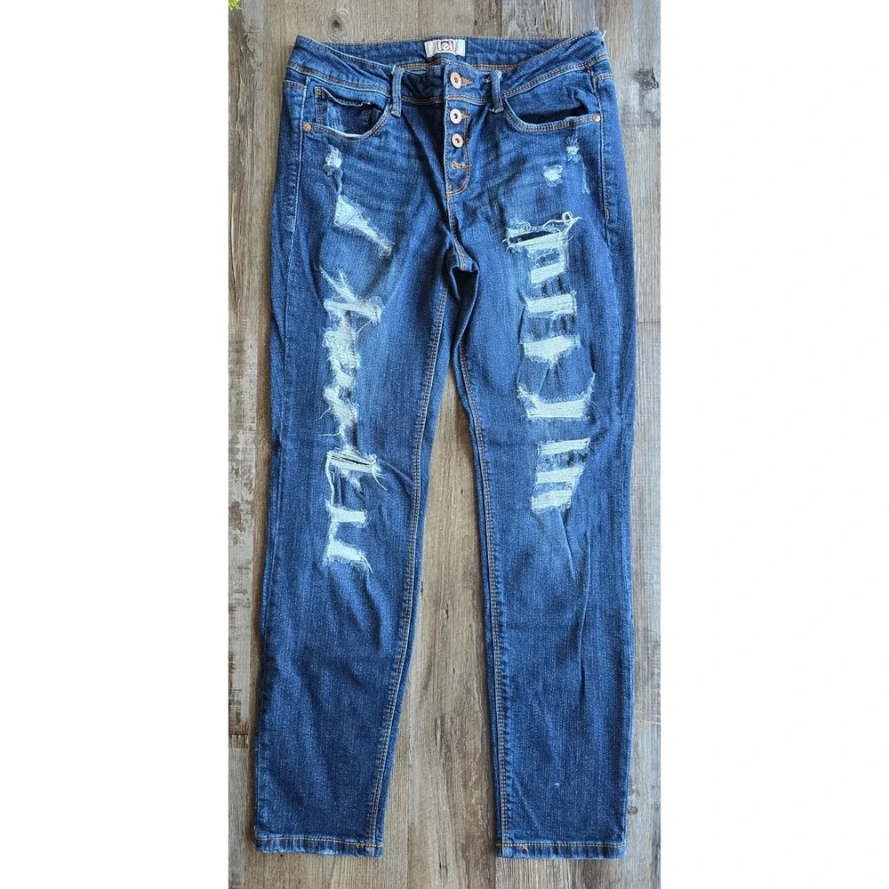 LEI Juniors Dark Wash Distressed Ripped Skinny‎ Jeans Size 7 Regular Denim